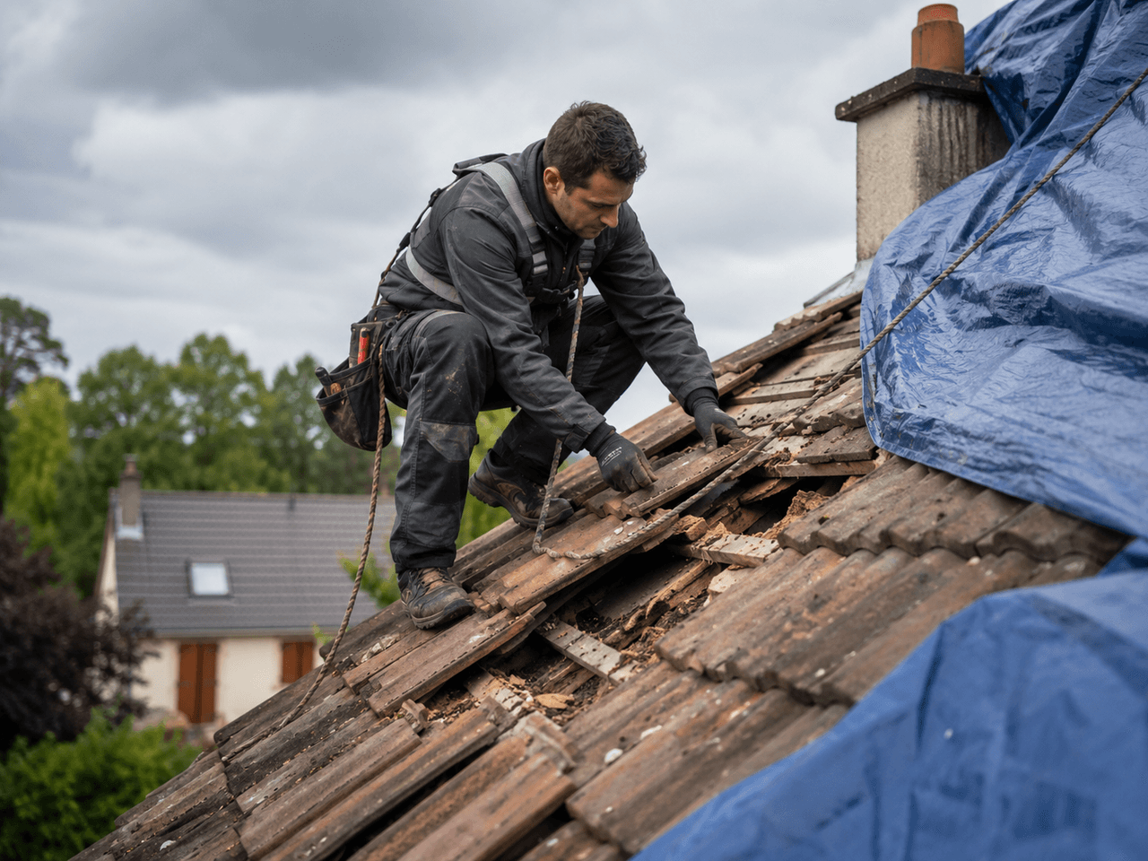 Urgence toiture 41 : couvreur sécurisant une toiture après tempête en Loir-et-Cher