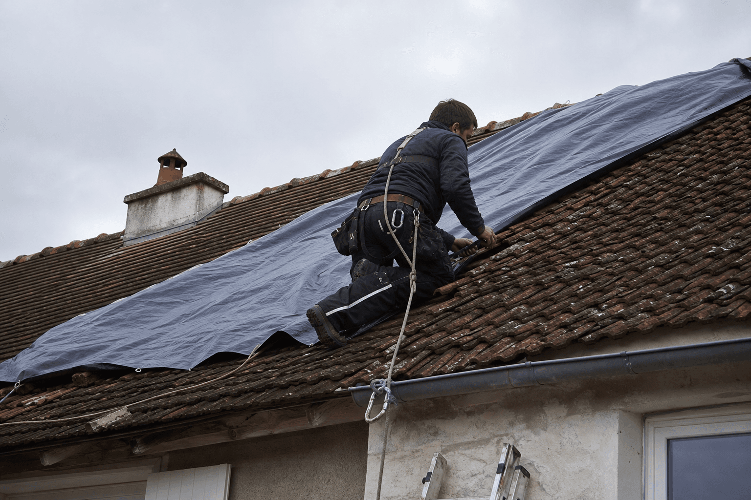 Couvreur posant un bâchage d'urgence sur une toiture en tuiles